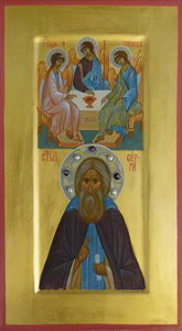 Преподобный Сергий с Троицей в верхней части (двухчастная икона) (28х16)